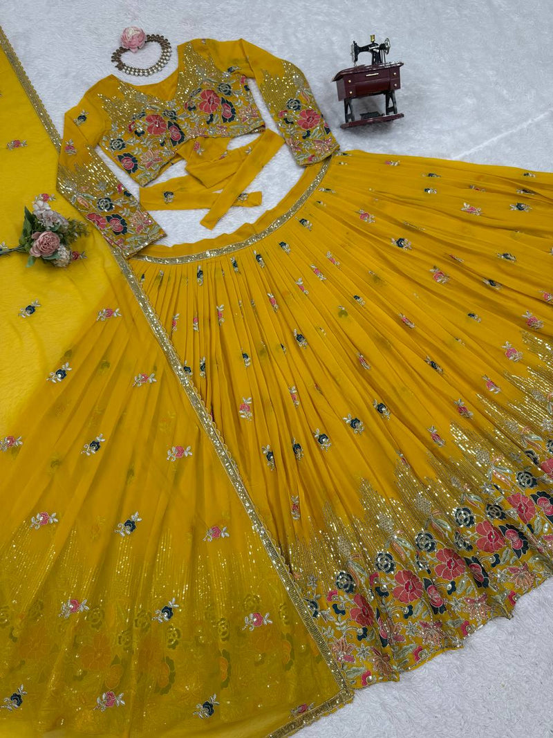 Elegant Fully Stitched Faux Georgette Lehenga Set with Embroidery & Dori Work