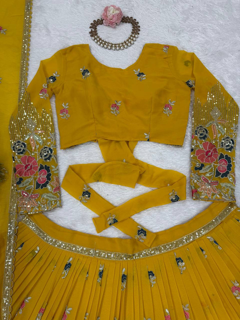 Elegant Fully Stitched Faux Georgette Lehenga Set with Embroidery & Dori Work