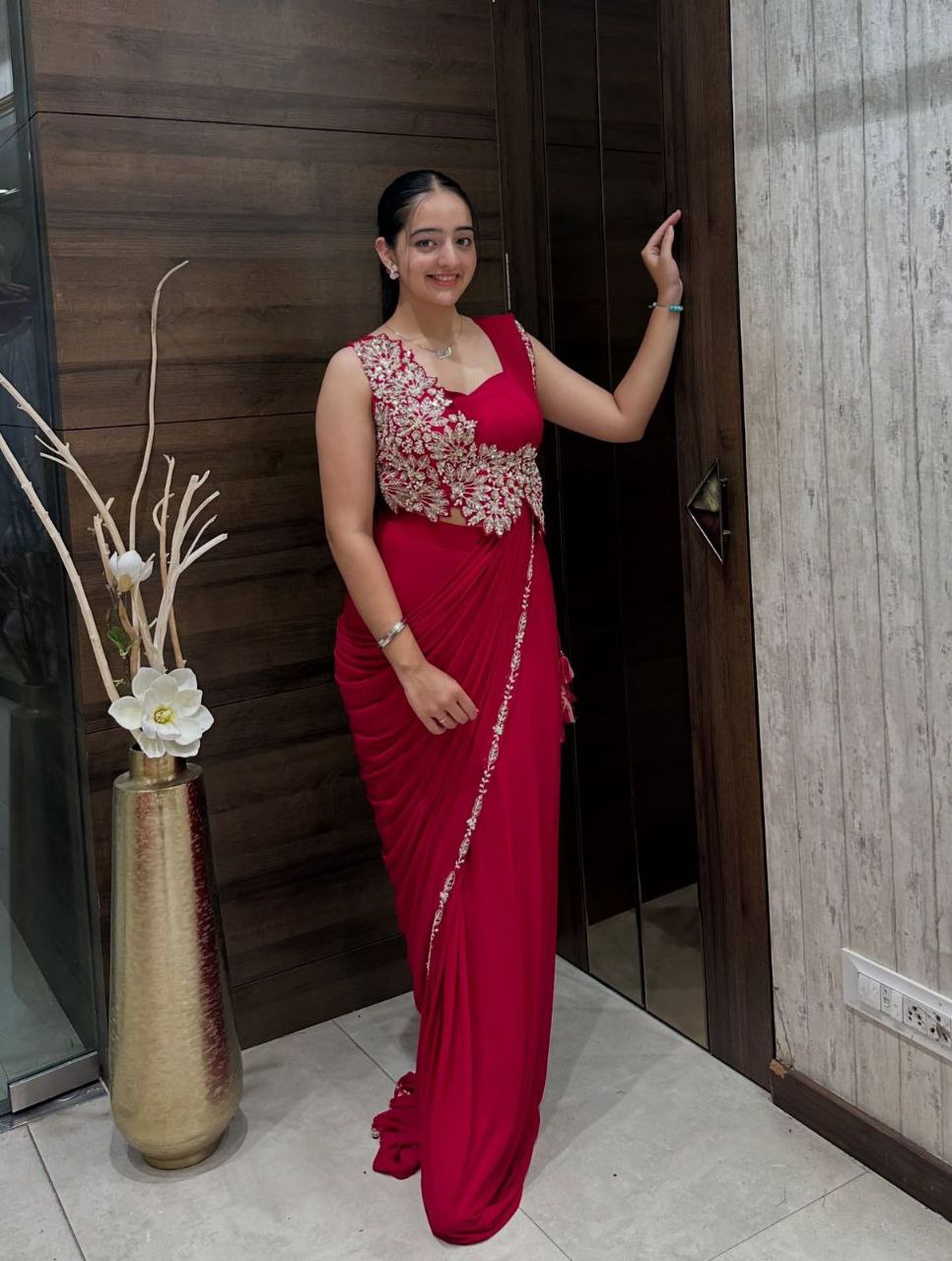 Pink Trending Embroidery Cording Work Ready to Wear Saree