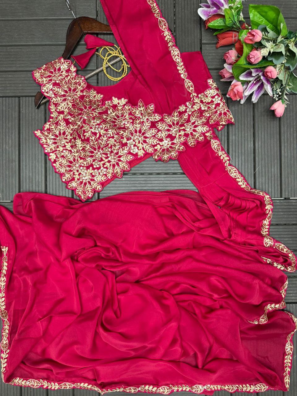 Pink Trending Embroidery Cording Work Ready to Wear Saree