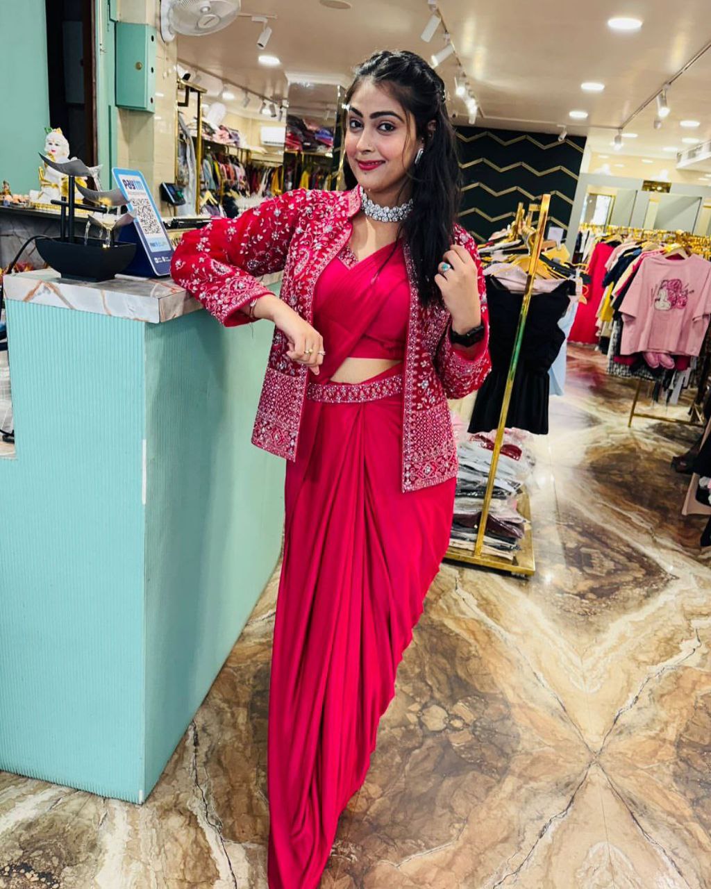 Red Trending Embroidery Sequence Work Ready to Wear Saree