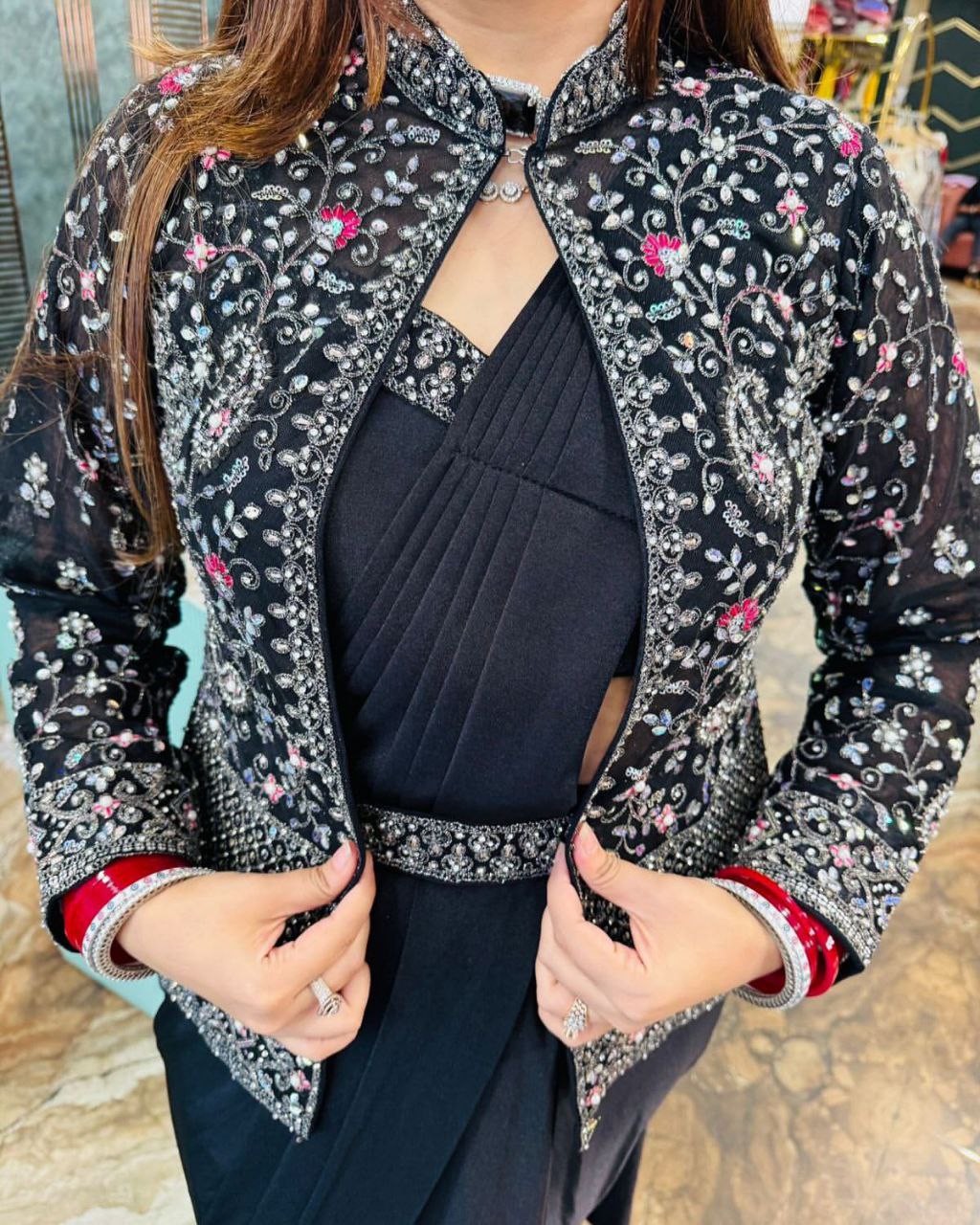 Black Trending Embroidery Sequence Work Ready to Wear Saree