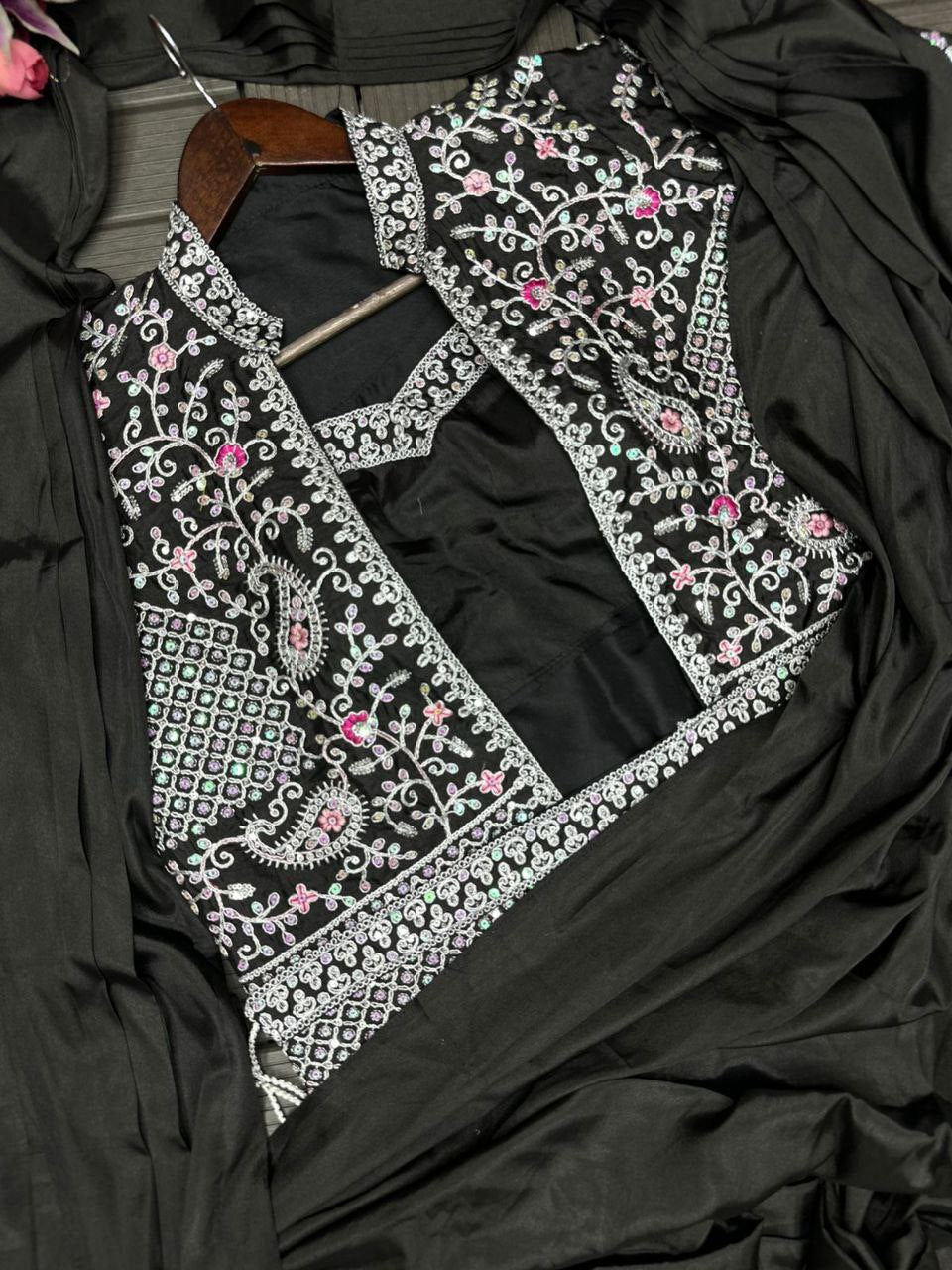 Black Trending Embroidery Sequence Work Ready to Wear Saree