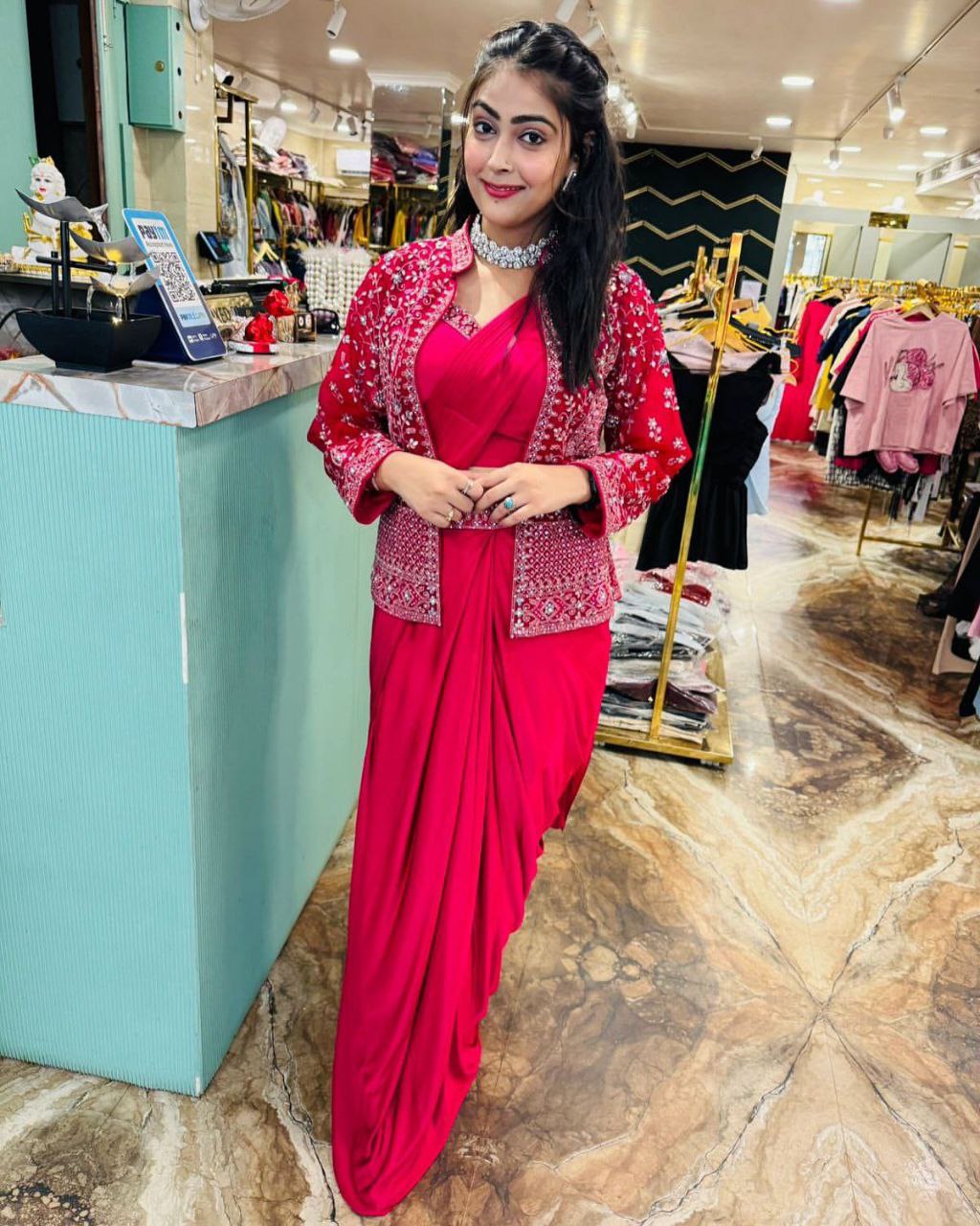 Red Trending Embroidery Sequence Work Ready to Wear Saree