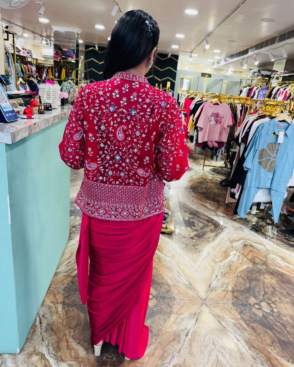 Red Trending Embroidery Sequence Work Ready to Wear Saree