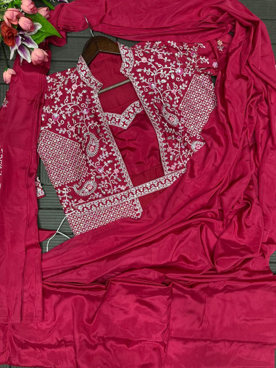 Red Trending Embroidery Sequence Work Ready to Wear Saree