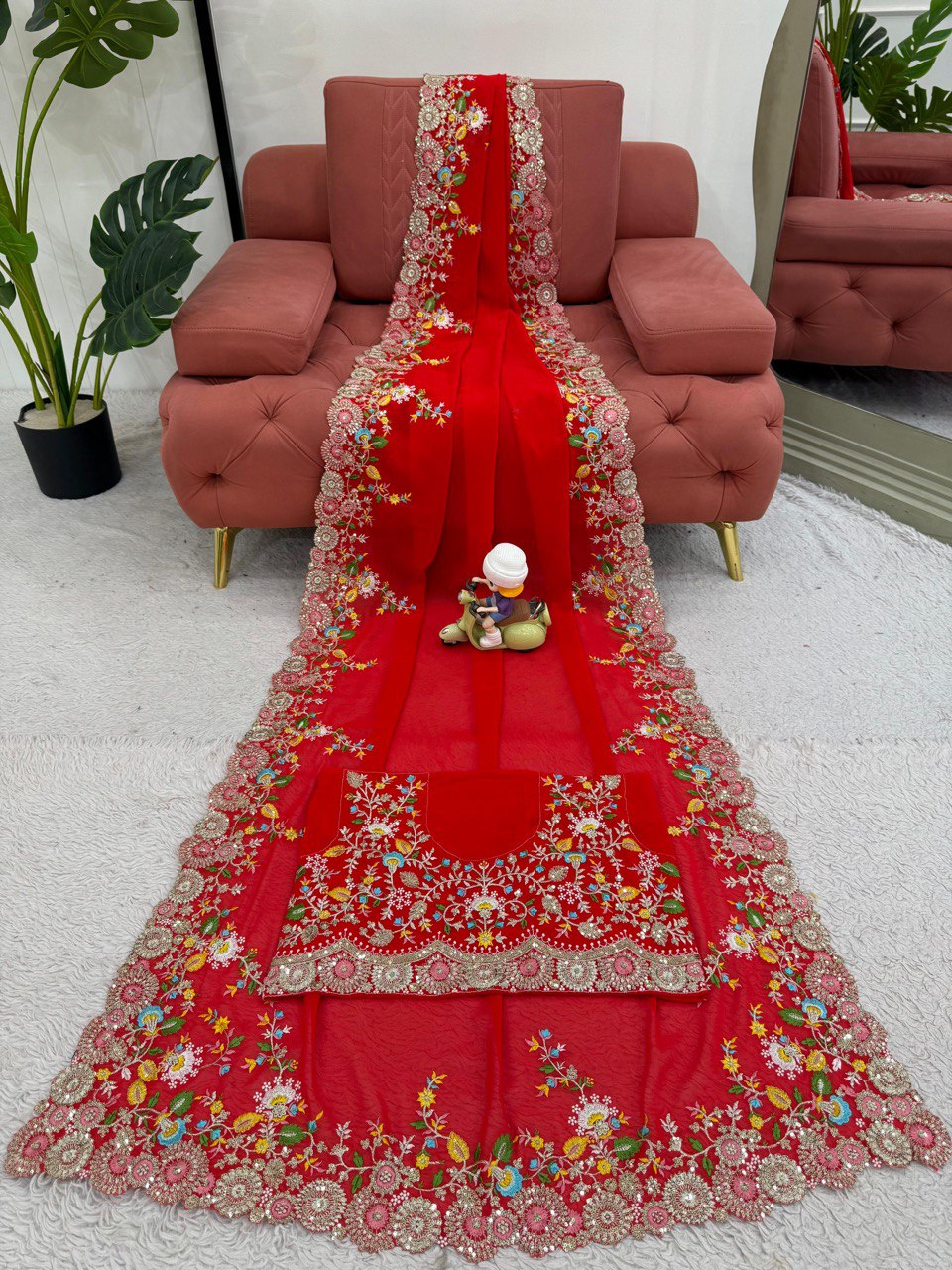 Red Designer Faux Georgette Saree with Thread & Sequence Work