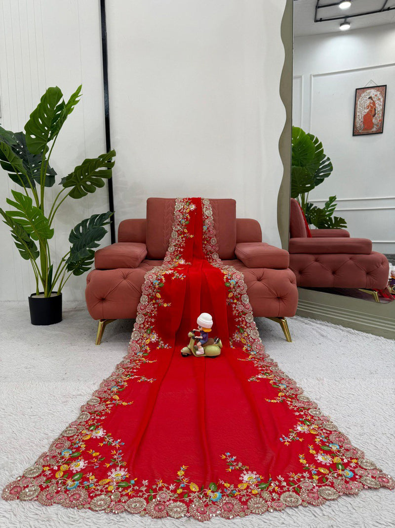 Red Designer Faux Georgette Saree with Thread & Sequence Work