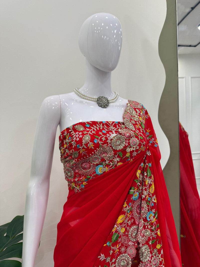 Red Designer Faux Georgette Saree with Thread & Sequence Work