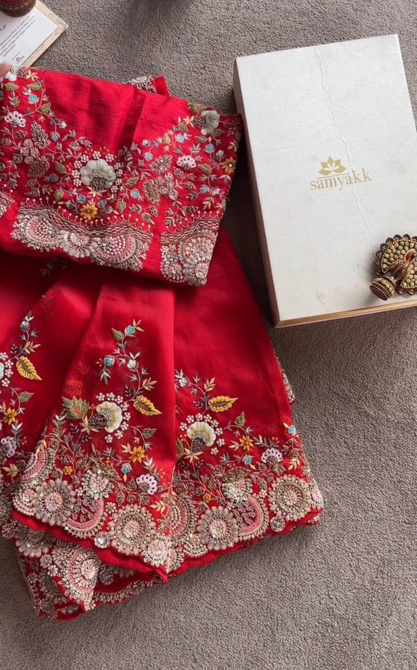Red Designer Faux Georgette Saree with Thread & Sequence Work