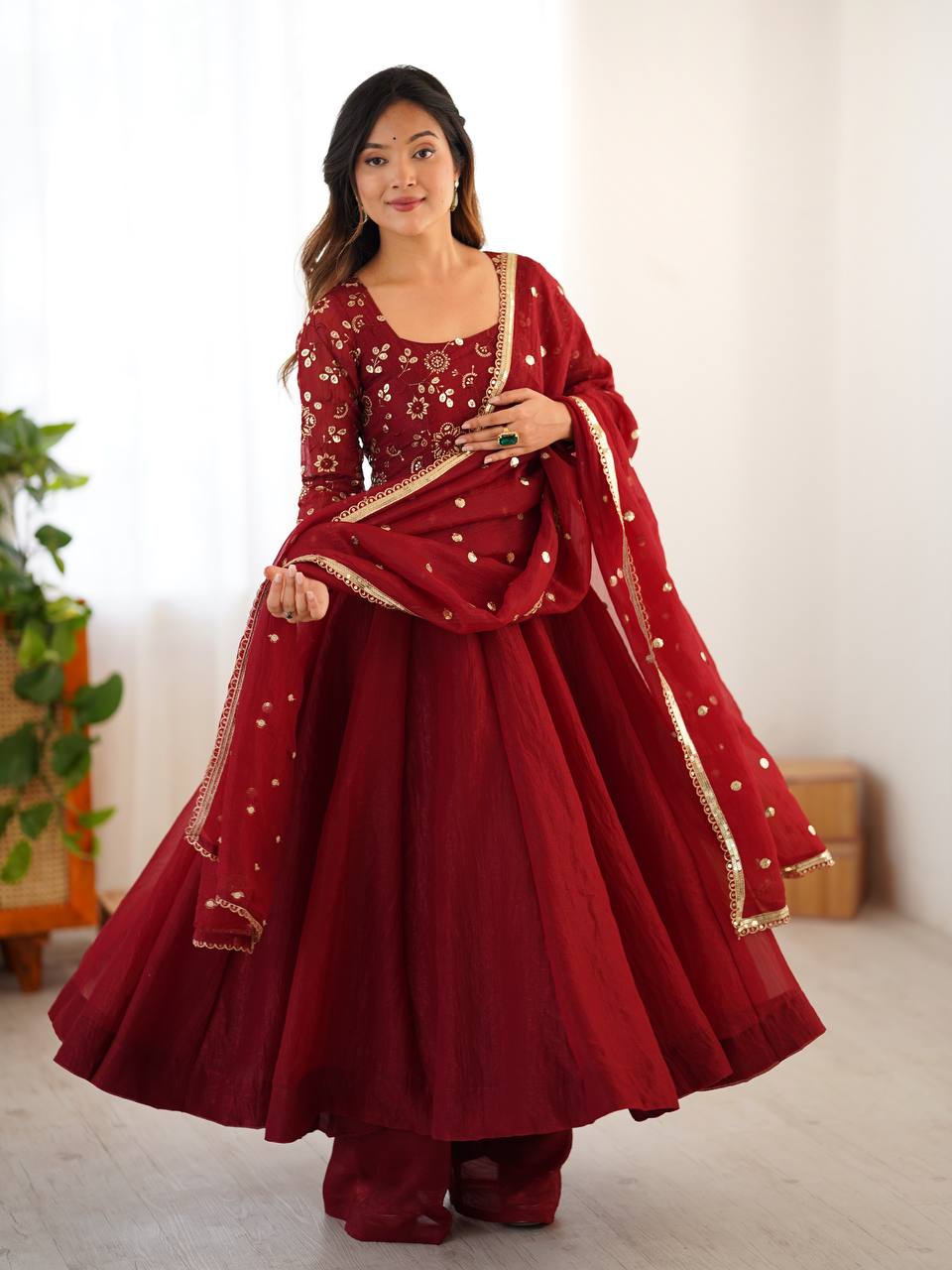 Elegant Designer Crunchy Silk Embroidered Anarkali Gown Set with Dupatta