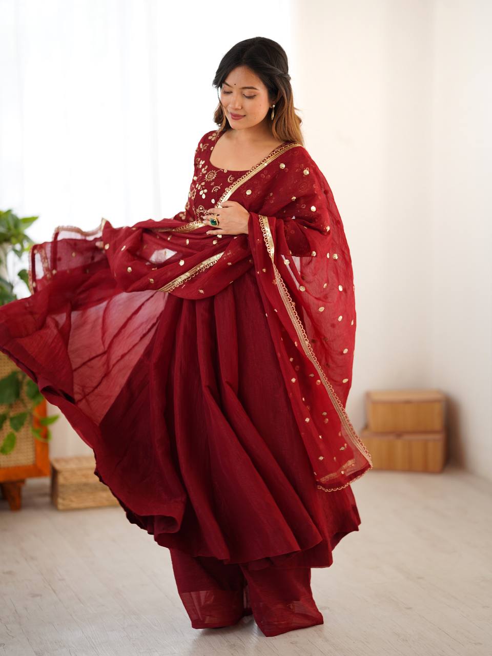 Elegant Designer Crunchy Silk Embroidered Anarkali Gown Set with Dupatta