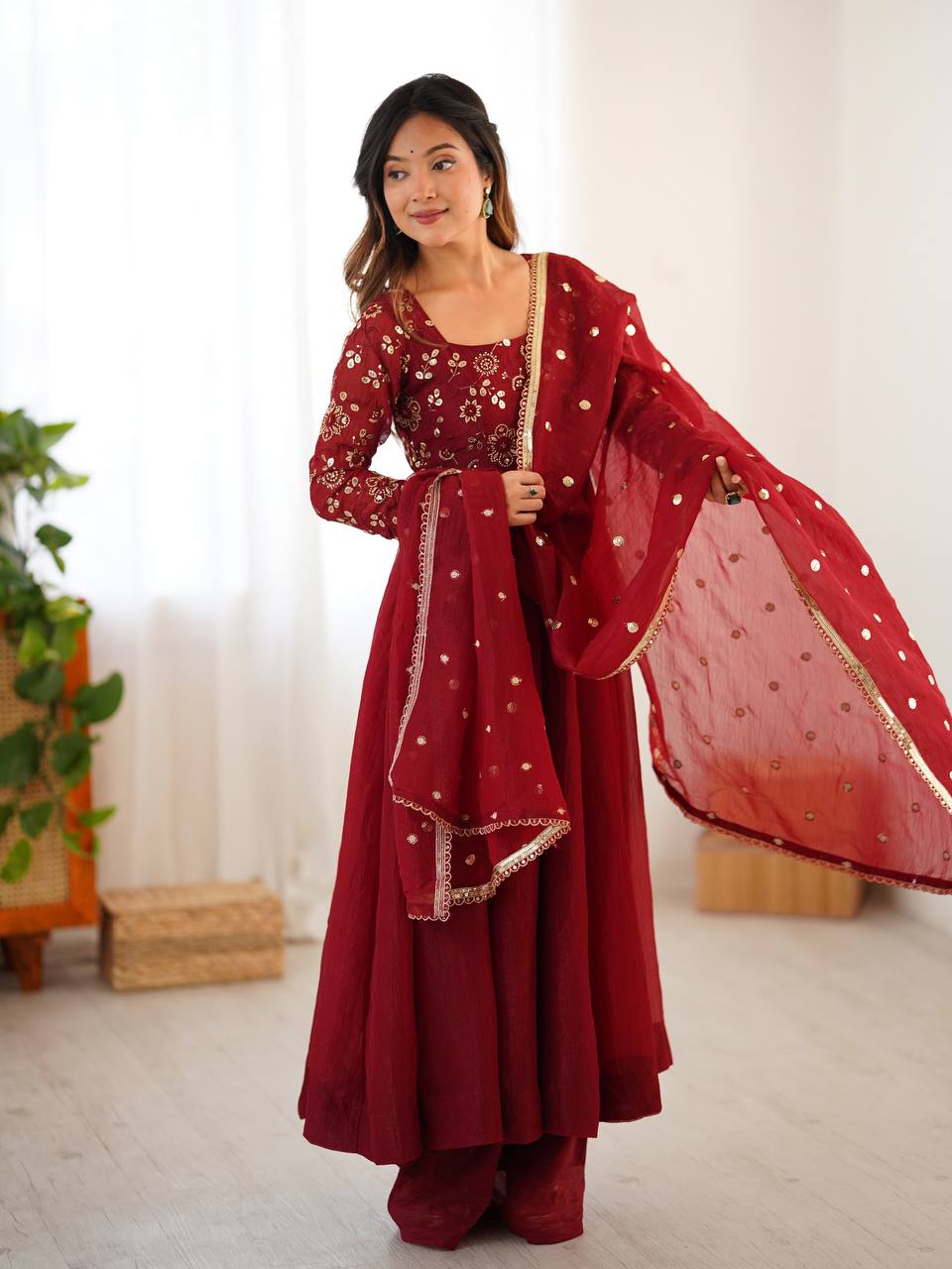 Elegant Designer Crunchy Silk Embroidered Anarkali Gown Set with Dupatta