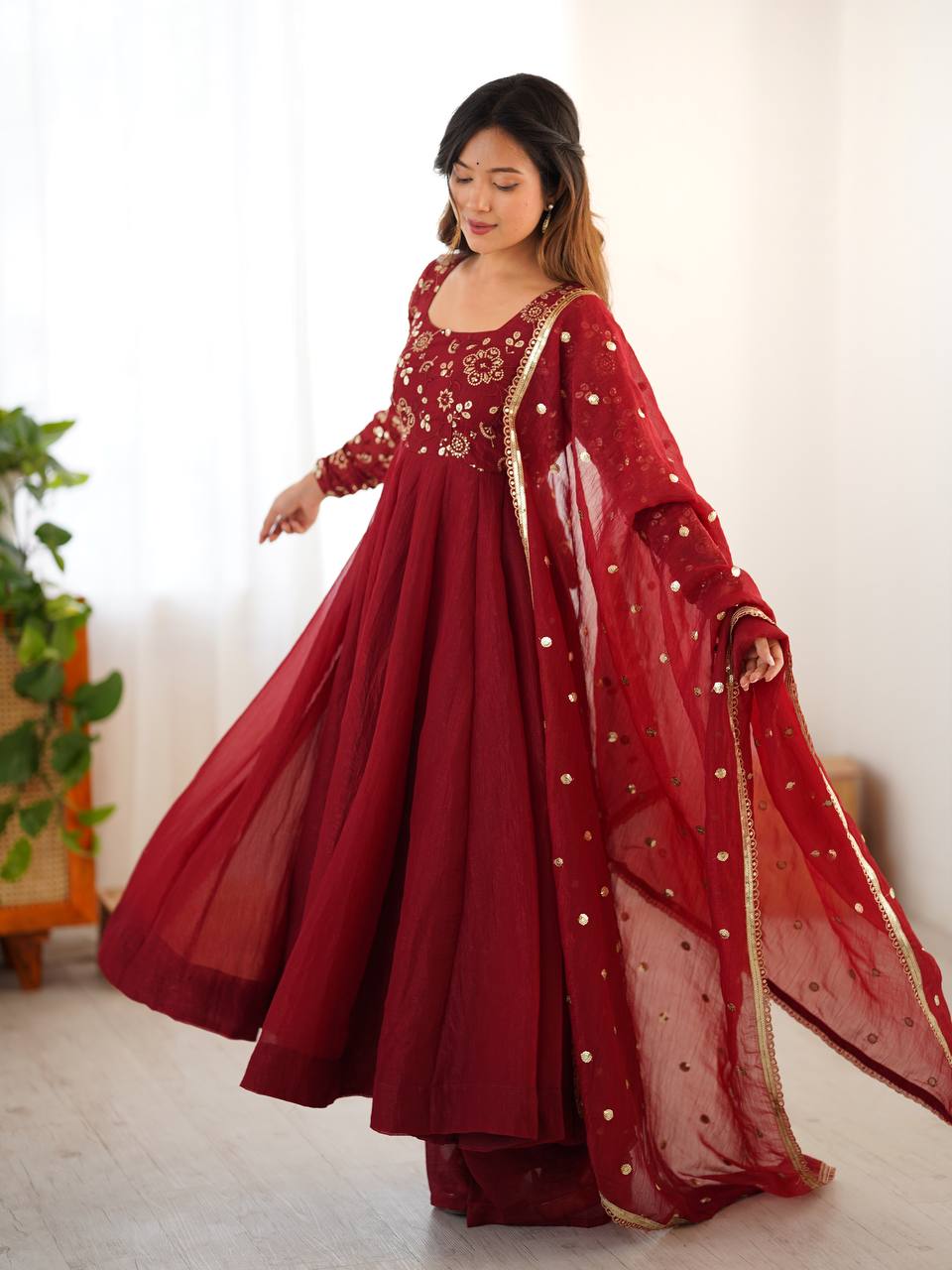 Elegant Designer Crunchy Silk Embroidered Anarkali Gown Set with Dupatta
