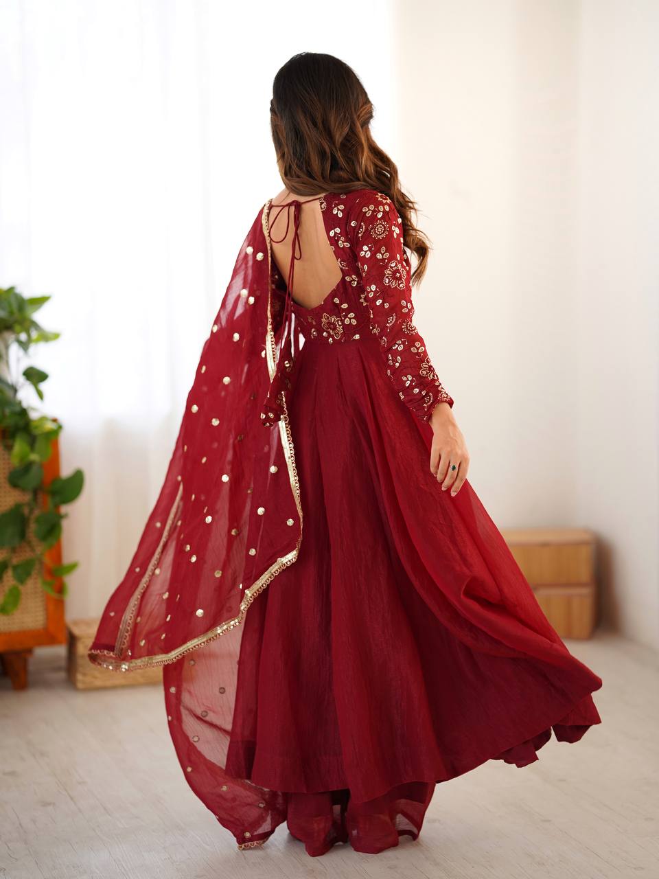Elegant Designer Crunchy Silk Embroidered Anarkali Gown Set with Dupatta