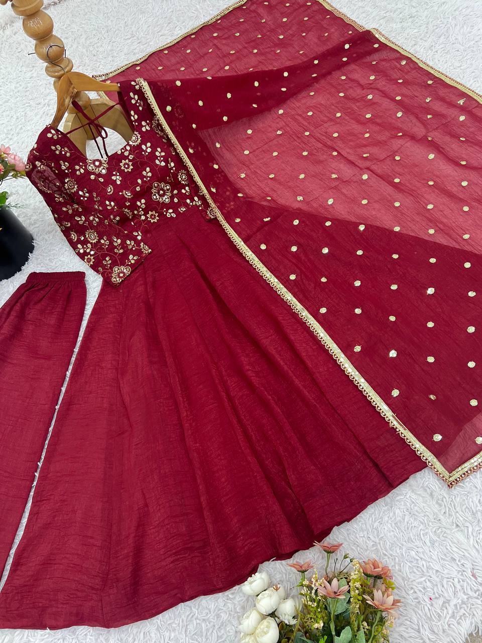 Elegant Designer Crunchy Silk Embroidered Anarkali Gown Set with Dupatta