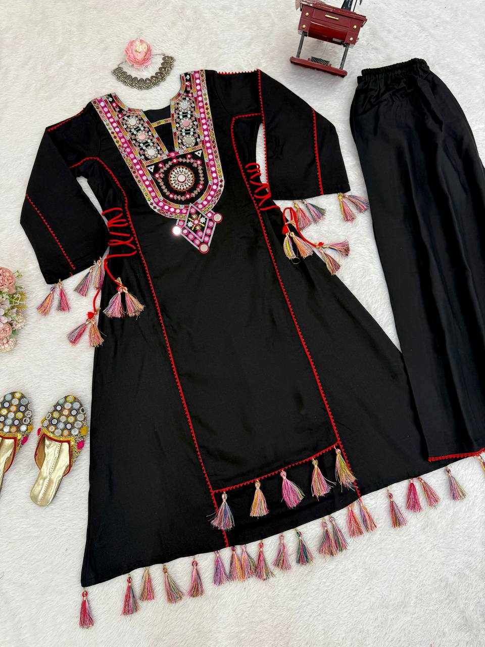 Rakhi Special Designer Cord Set with Palazoo | Premium Rayon with Real Mirror Work & Tassels