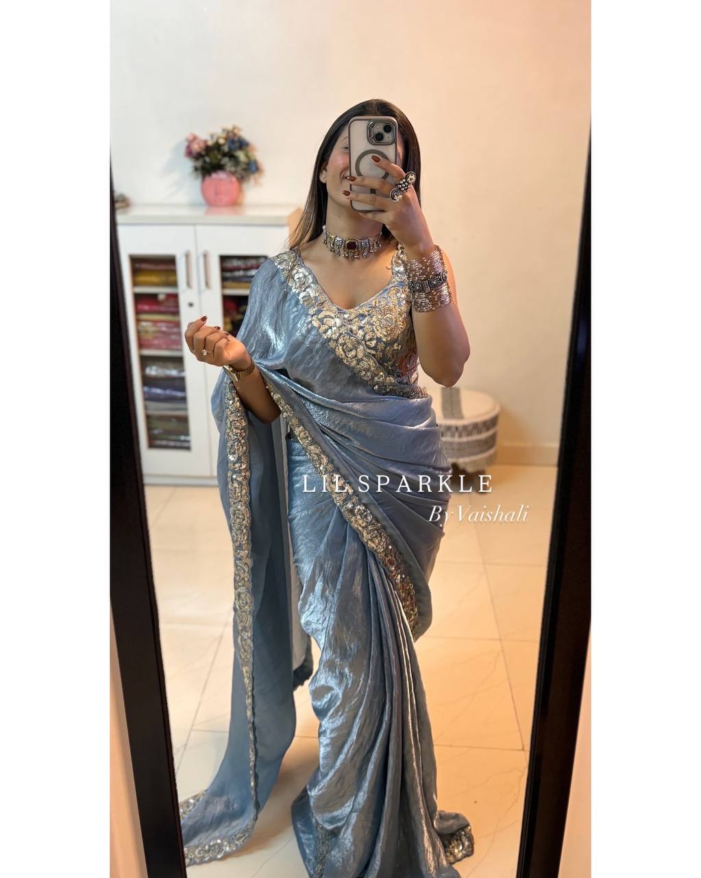 Sky Blue Designer Saree with Cording & Sequins Embroidery | Unstitched Blouse