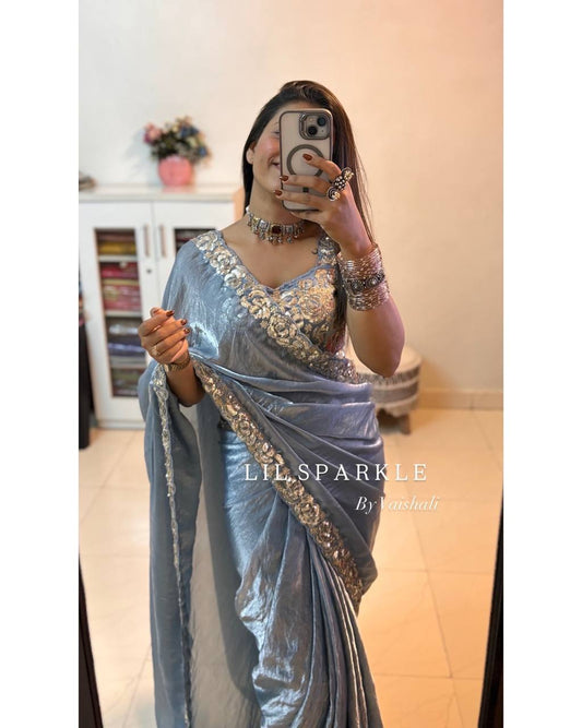 Sky Blue Designer Saree with Cording & Sequins Embroidery | Unstitched Blouse