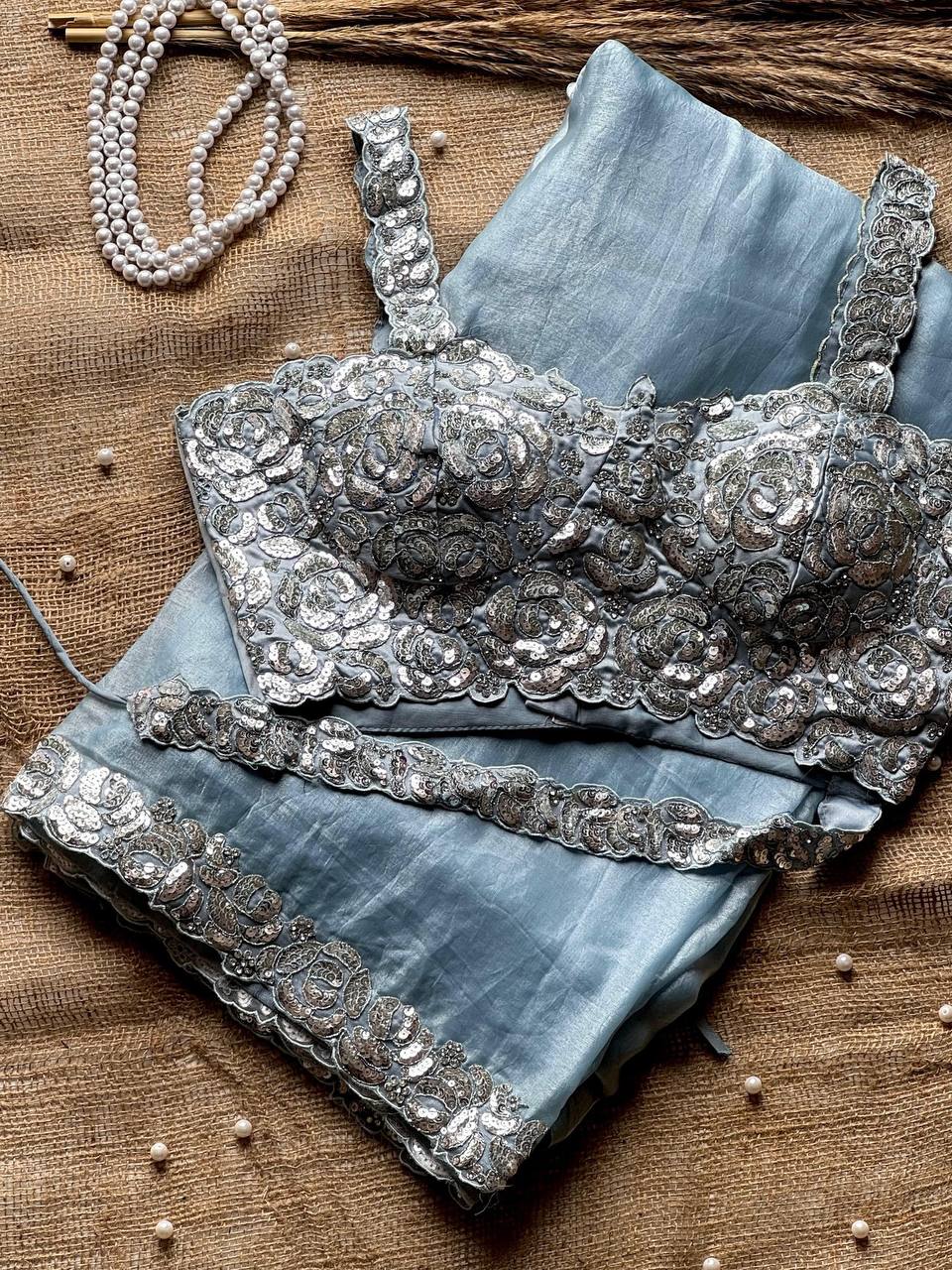 Sky Blue Designer Saree with Cording & Sequins Embroidery | Unstitched Blouse