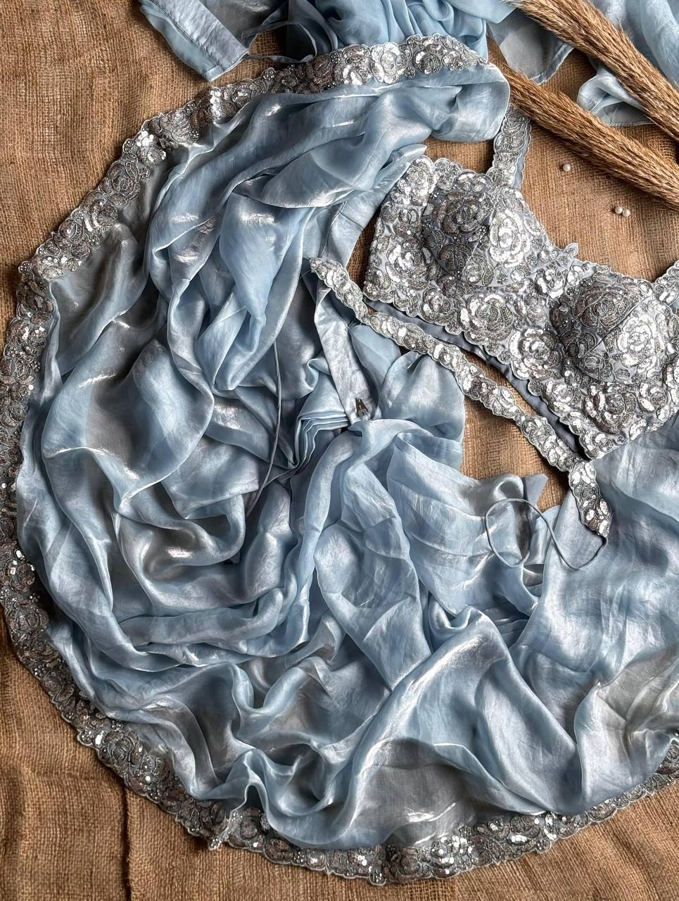 Sky Blue Designer Saree with Cording & Sequins Embroidery | Unstitched Blouse