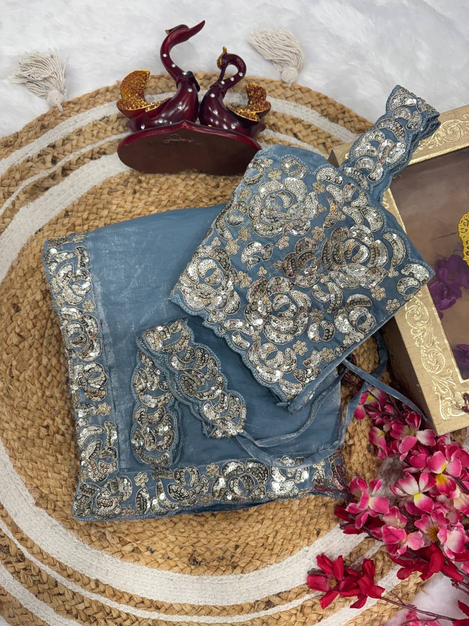 Sky Blue Designer Saree with Cording & Sequins Embroidery | Unstitched Blouse