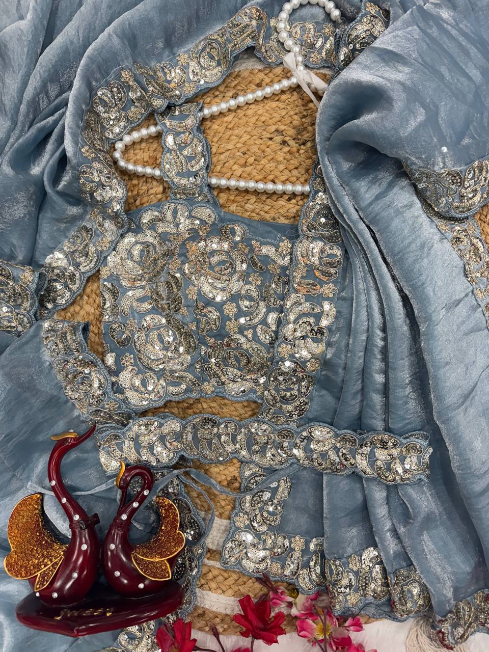 Sky Blue Designer Saree with Cording & Sequins Embroidery | Unstitched Blouse