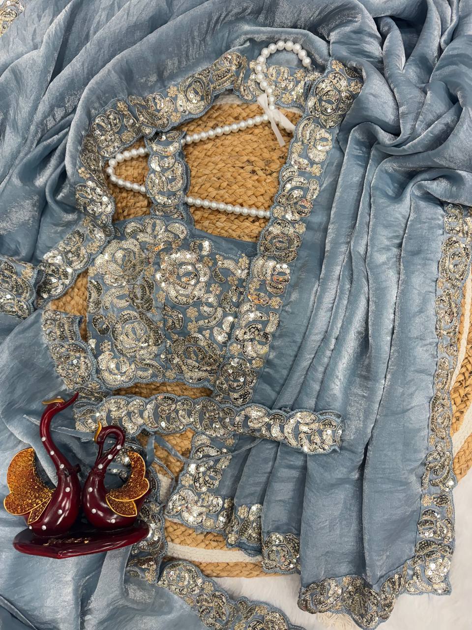 Sky Blue Designer Saree with Cording & Sequins Embroidery | Unstitched Blouse