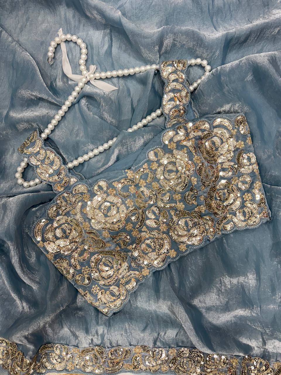 Sky Blue Designer Saree with Cording & Sequins Embroidery | Unstitched Blouse