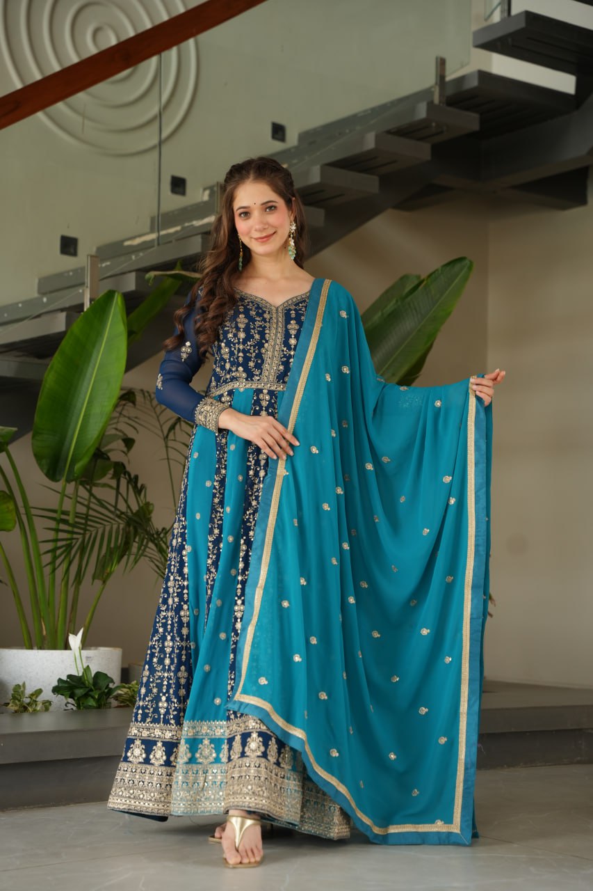 Luxury Zari & Sequins Embroidered Gown with Dupatta