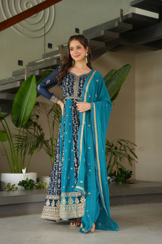 Luxury Zari & Sequins Embroidered Gown with Dupatta
