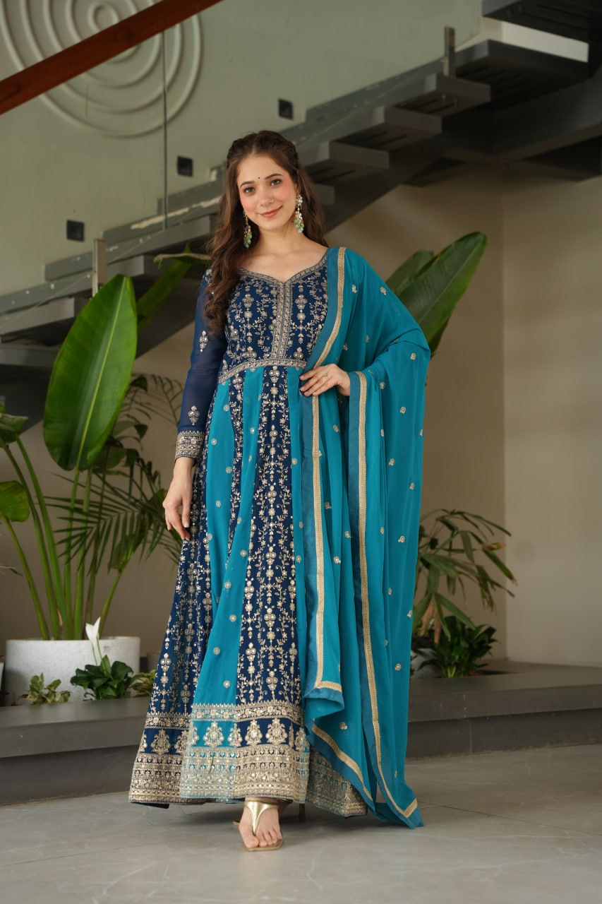 Luxury Zari & Sequins Embroidered Gown with Dupatta