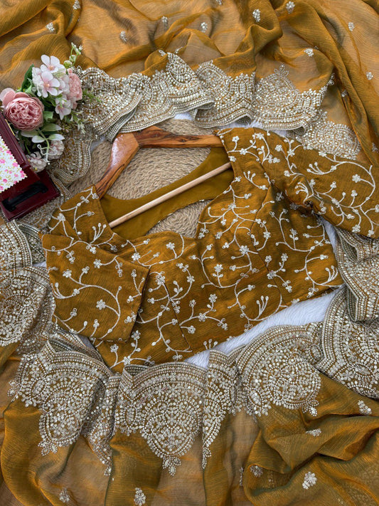 Designer Fendi Chiffon Saree with Sequins & Thread Embroidery