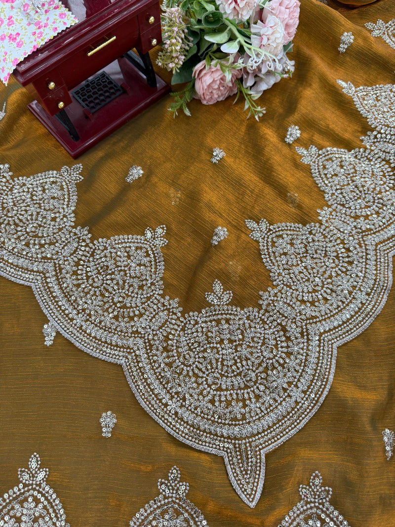 Designer Fendi Chiffon Saree with Sequins & Thread Embroidery