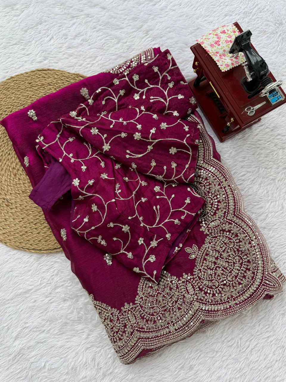 Designer Fendi Chiffon Saree with Sequins & Thread Embroidery