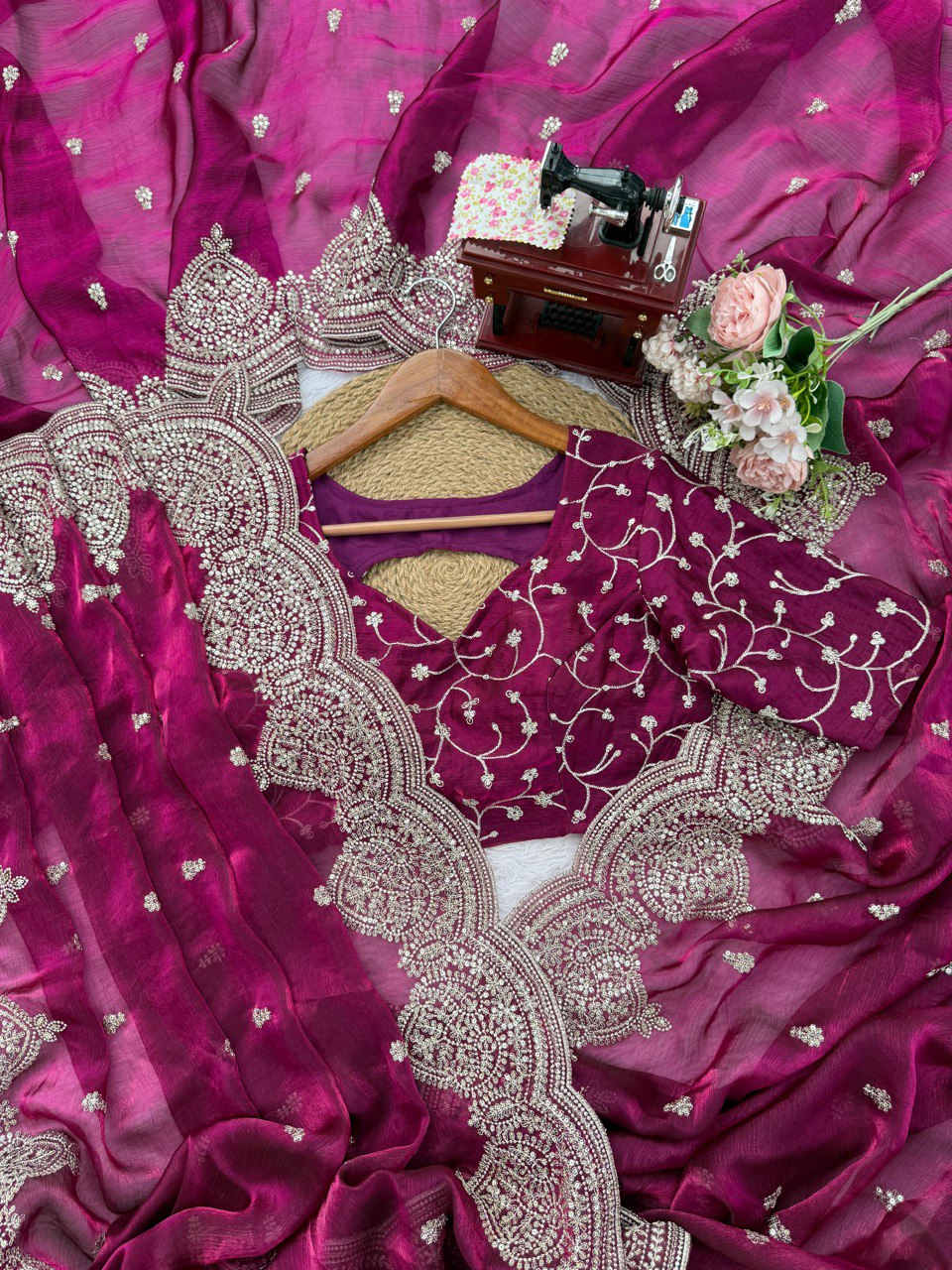 Designer Fendi Chiffon Saree with Sequins & Thread Embroidery