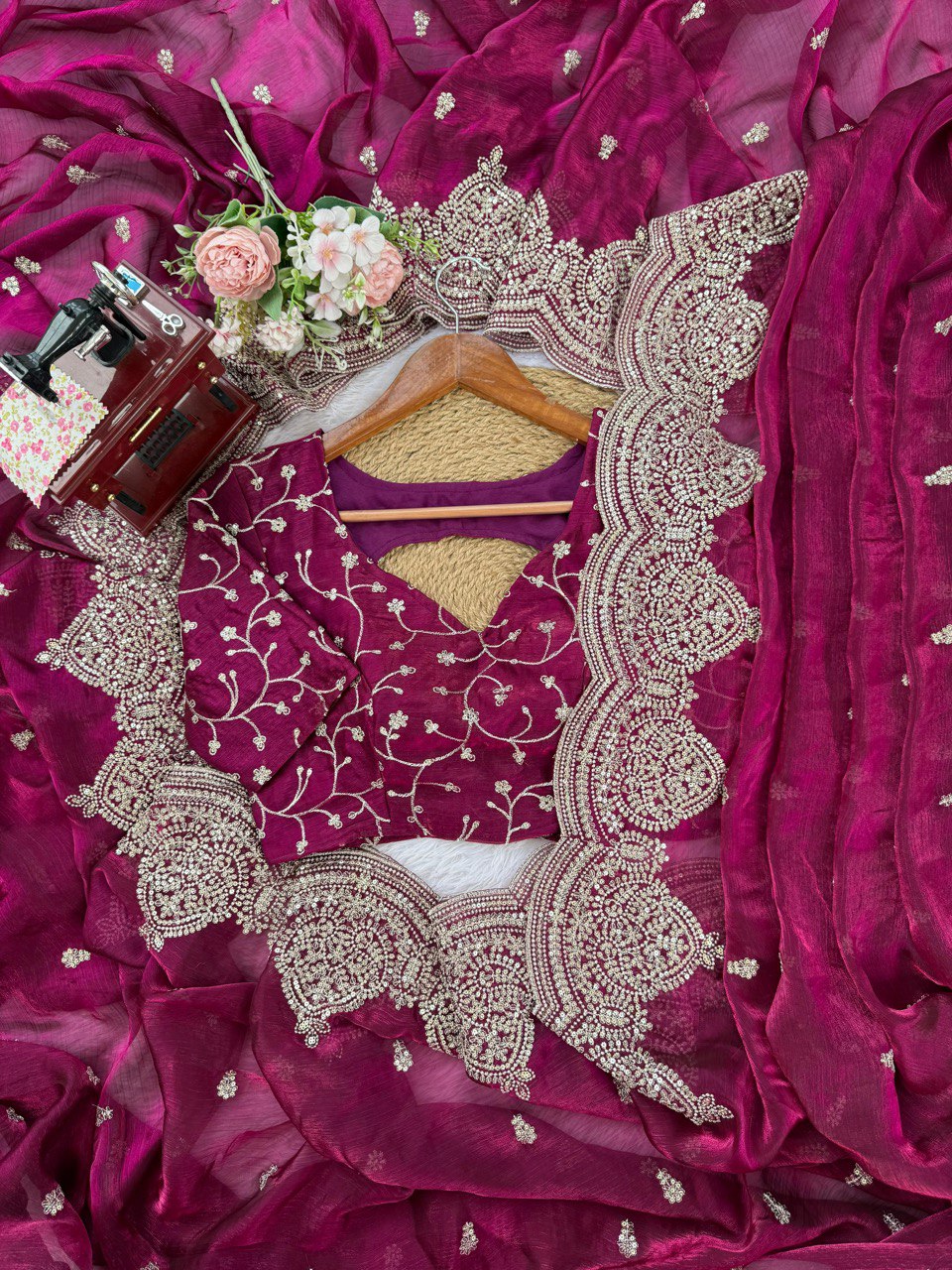 Designer Fendi Chiffon Saree with Sequins & Thread Embroidery