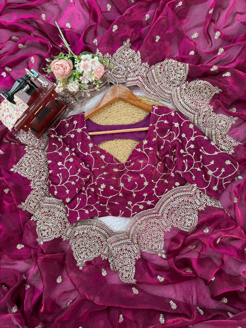 Designer Fendi Chiffon Saree with Sequins & Thread Embroidery