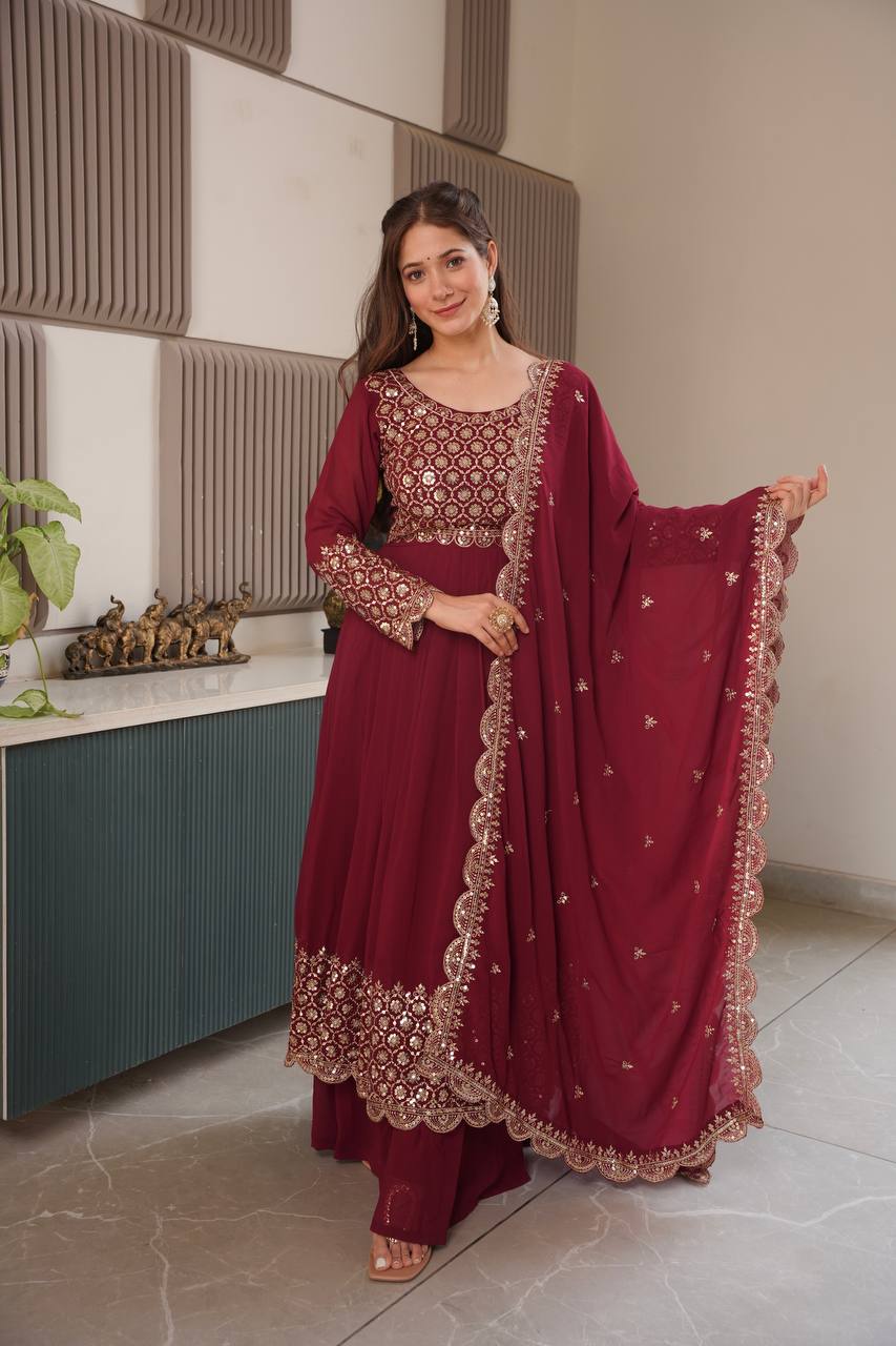 Heavy Faux Georgette Embroidered Gown Set with Dupatta & Sharara