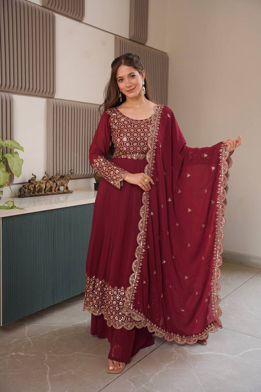 Heavy Faux Georgette Embroidered Gown Set with Dupatta & Sharara