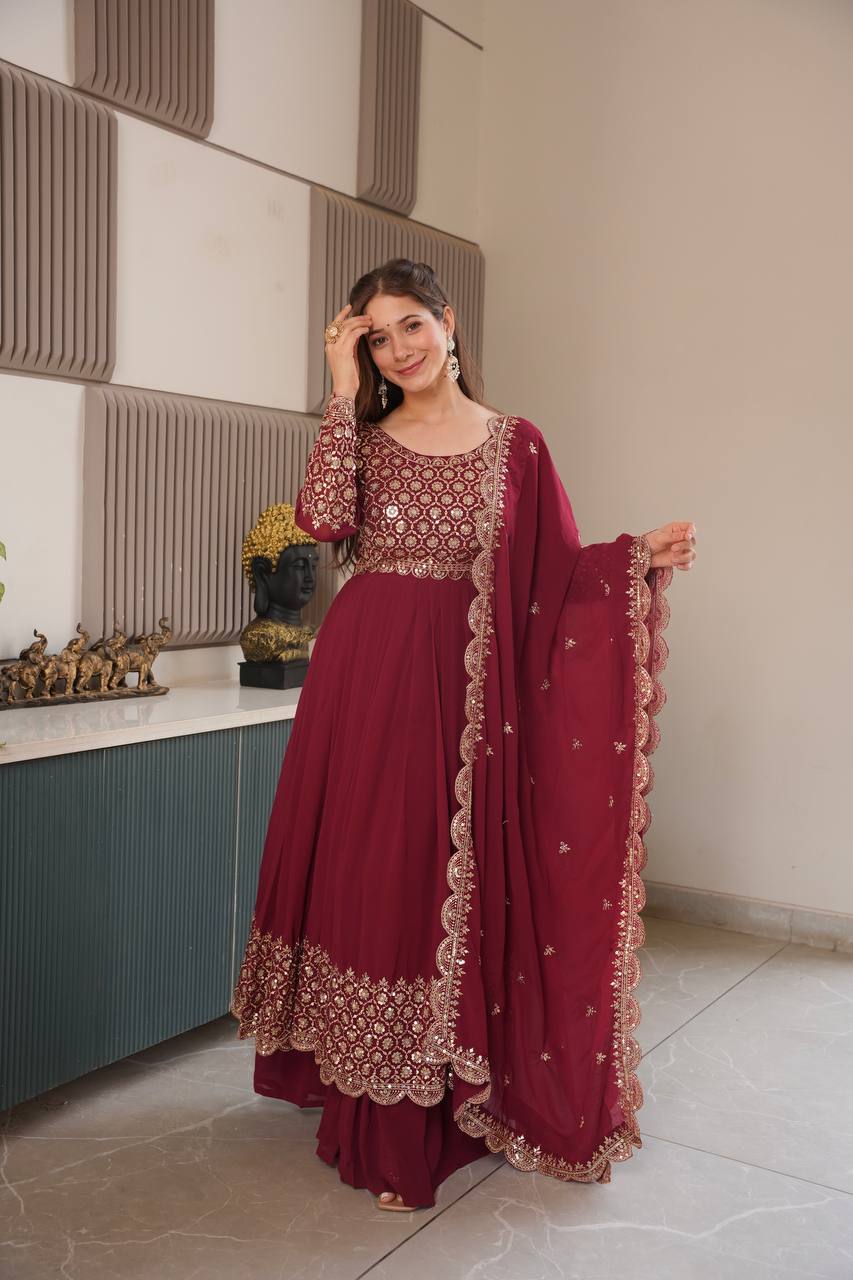 Heavy Faux Georgette Embroidered Gown Set with Dupatta & Sharara