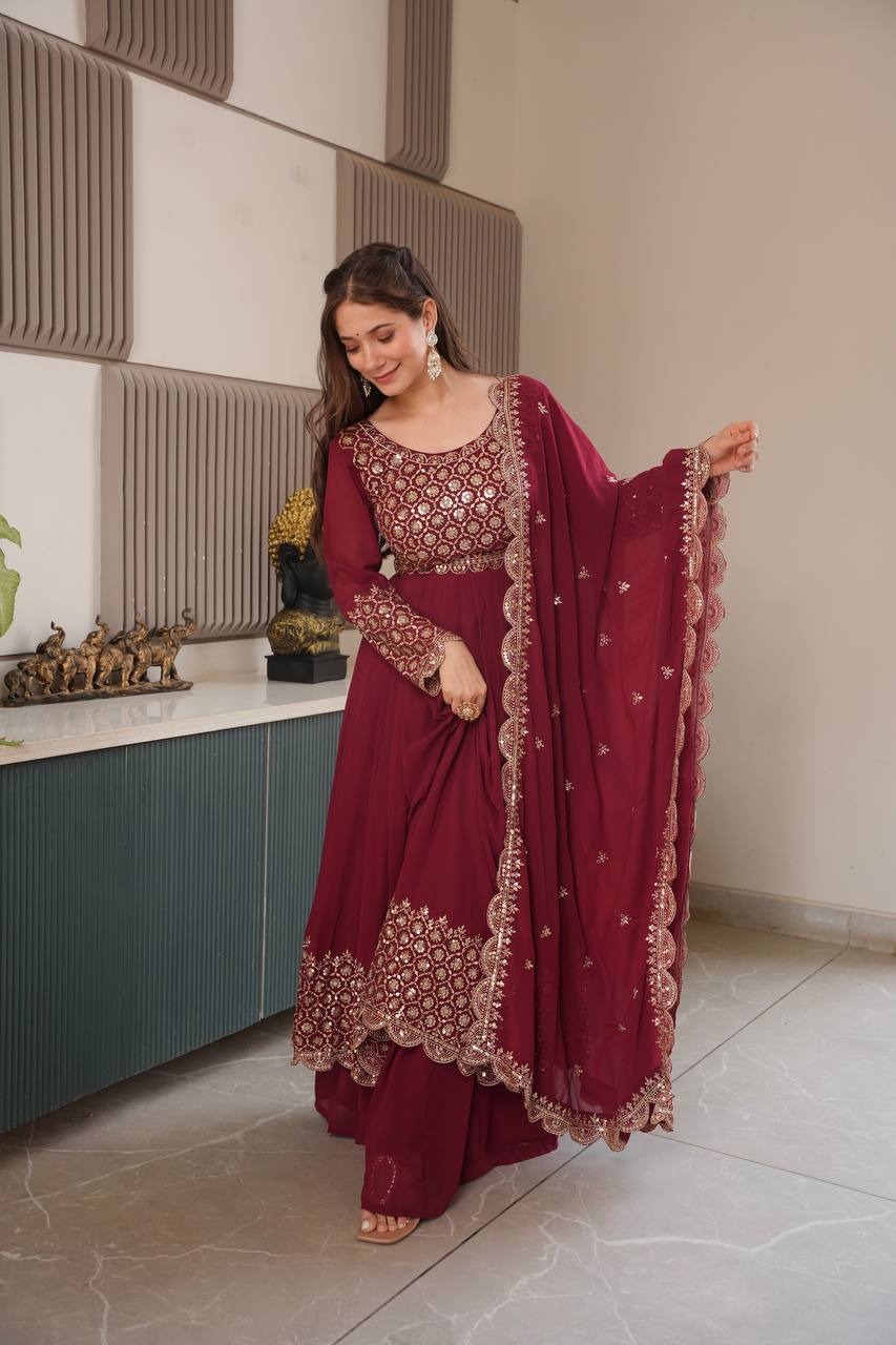 Heavy Faux Georgette Embroidered Gown Set with Dupatta & Sharara