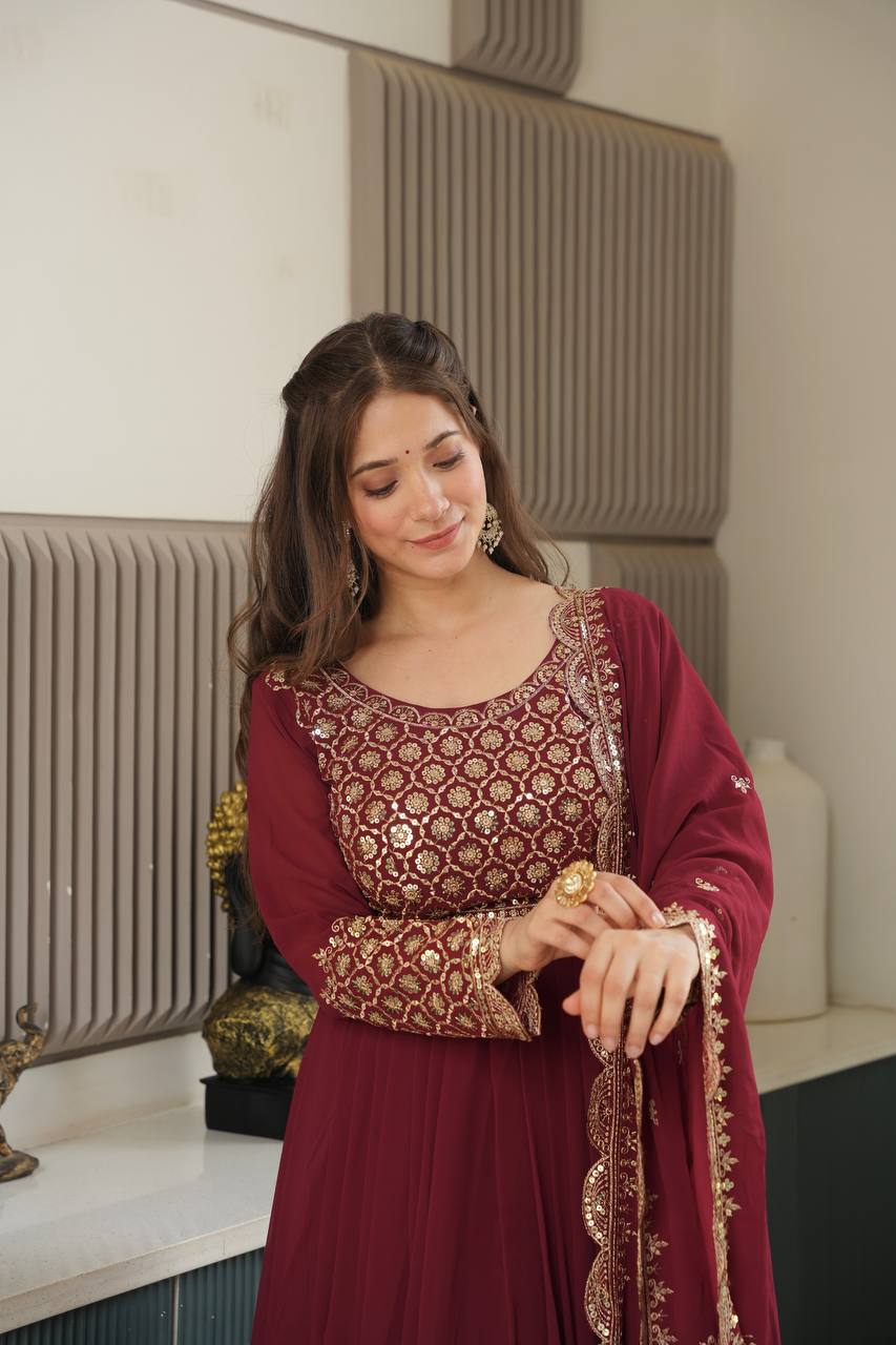 Heavy Faux Georgette Embroidered Gown Set with Dupatta & Sharara