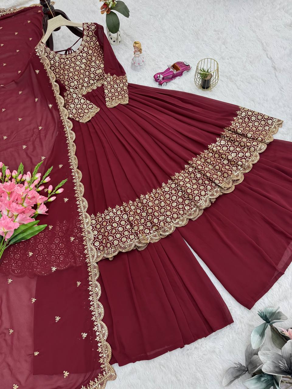 Heavy Faux Georgette Embroidered Gown Set with Dupatta & Sharara