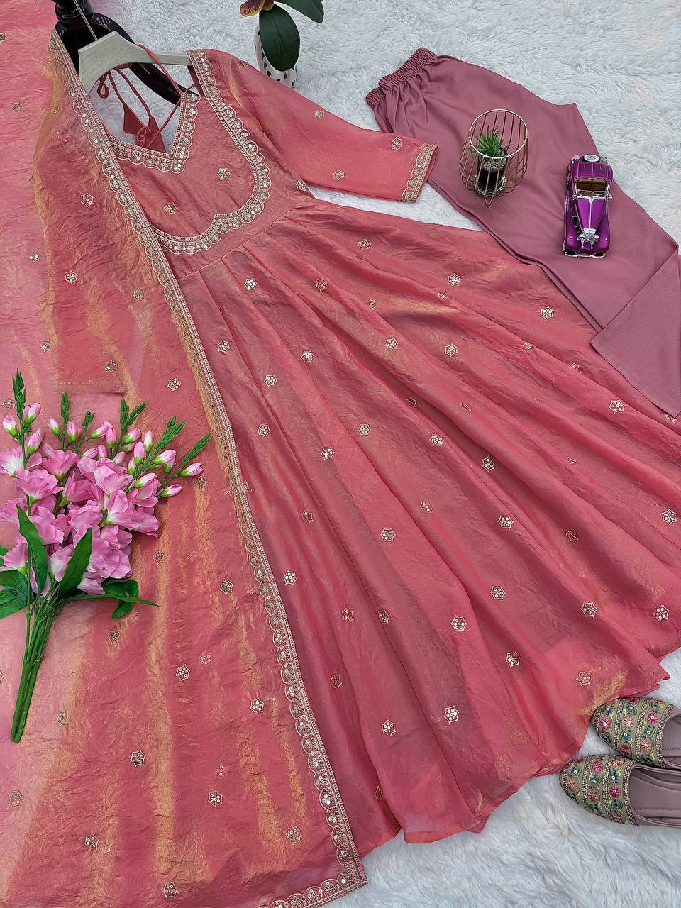 Premium Heavy Fandy Silk Gown Set with Embroidered Dupatta & Pant