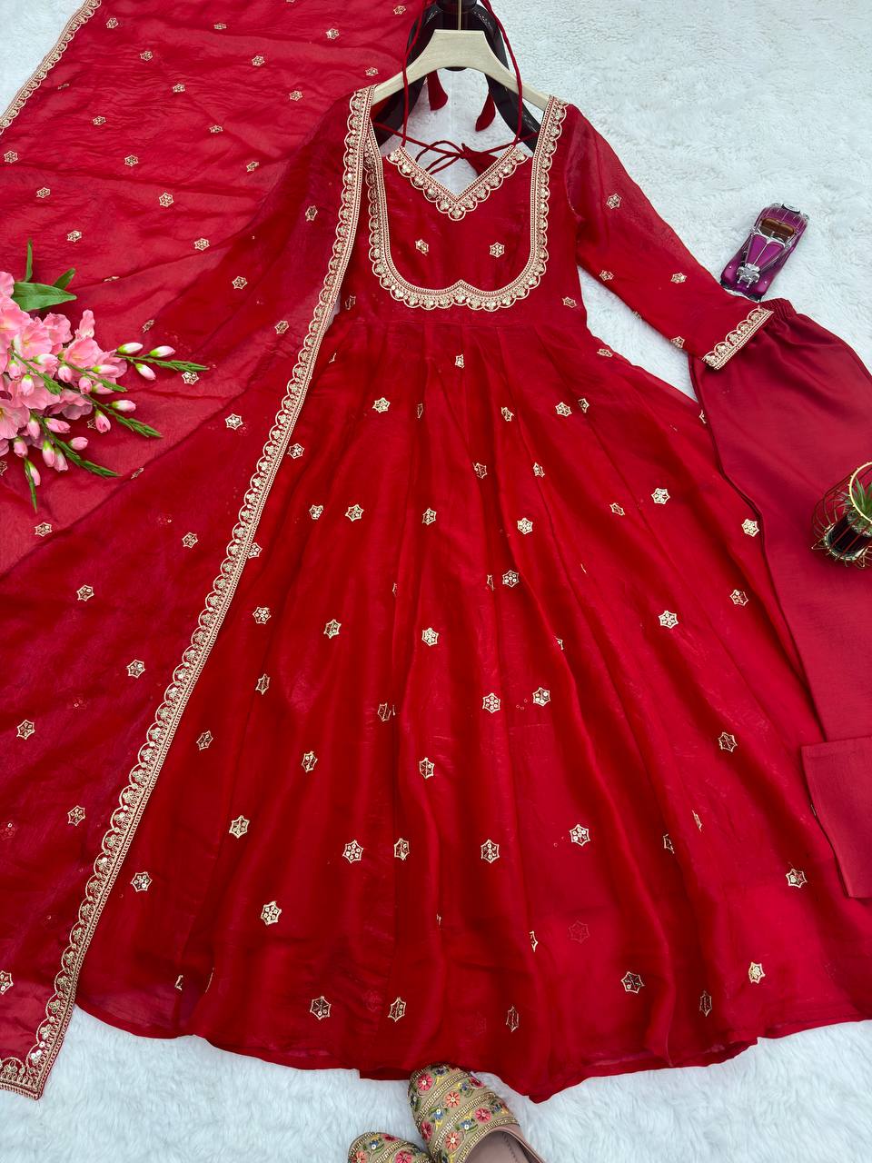 Premium Heavy Fandy Silk Gown Set with Embroidered Dupatta & Pant