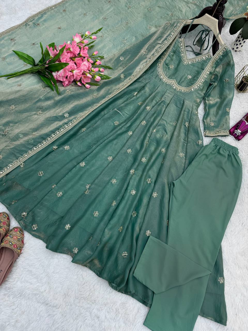 Premium Heavy Fandy Silk Gown Set with Embroidered Dupatta & Pant