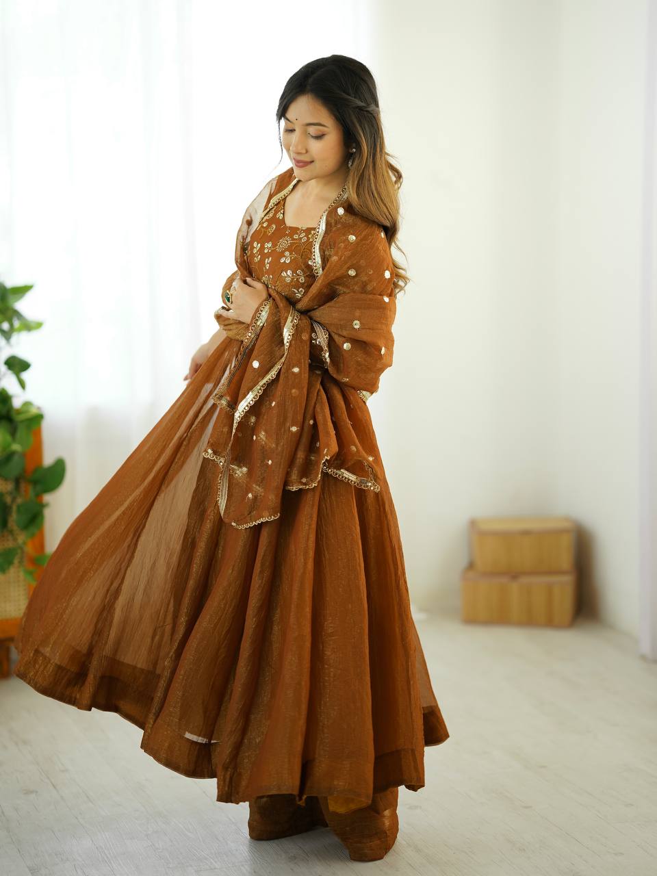 Elegant Designer Crunchy Silk Embroidered Anarkali Gown Set with Dupatta