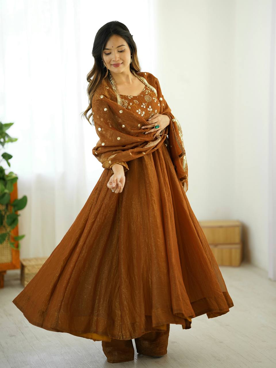 Elegant Designer Crunchy Silk Embroidered Anarkali Gown Set with Dupatta