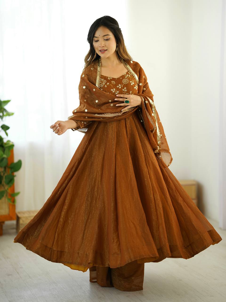 Elegant Designer Crunchy Silk Embroidered Anarkali Gown Set with Dupatta